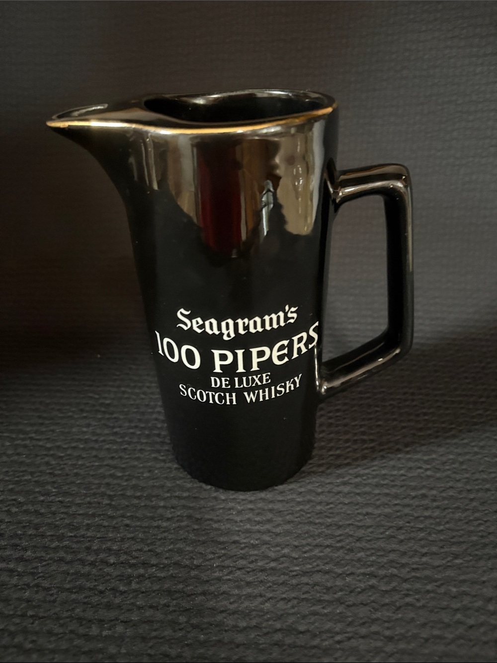 100 Pipers Seagram’s Scotch Black Ceramic Pitcher